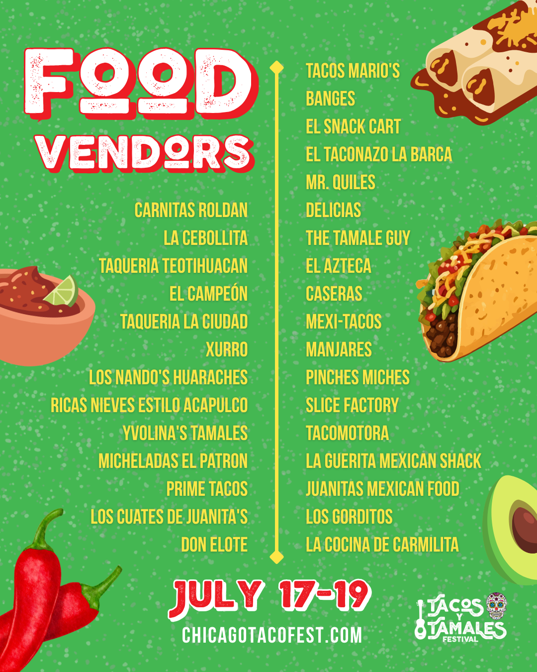 Tacos y Tamales Festival 2026 food vendors graphic