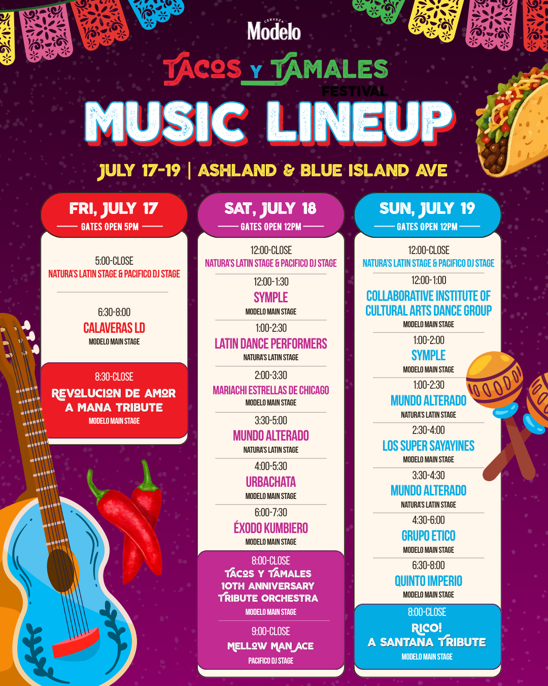 Tacos y Tamales 2026 music llineup Tacos y Tamales 2026 music lineup graphic